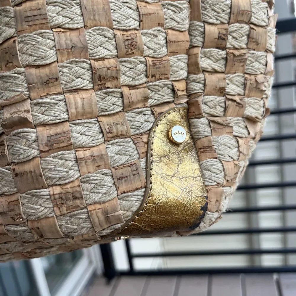 ELAINE TURNER Woven Cork Rope Tote Shoulder Bag Gold Leather Handles Boho